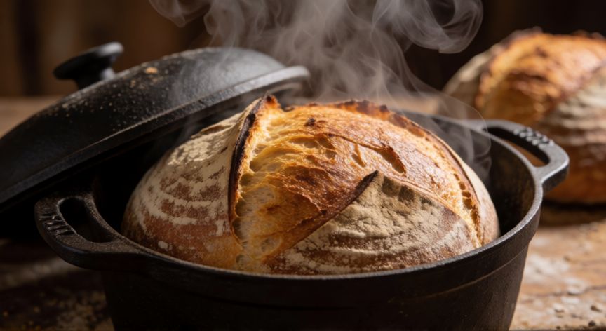 como hacer pan artesanal, Pan de masa madre recién horneado con corteza dorada en olla de hierro fundido