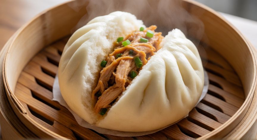 como hacer pan bao, Pan bao chino al vapor relleno de pollo y cebolleta en una canasta de bambú