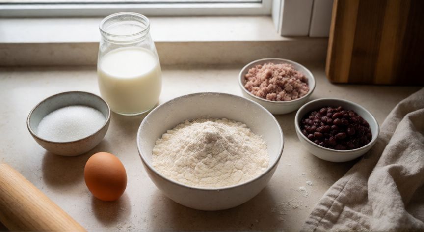 como hacer pan bao, Ingredientes frescos para la preparación de pan bao sobre una encimera de cocina