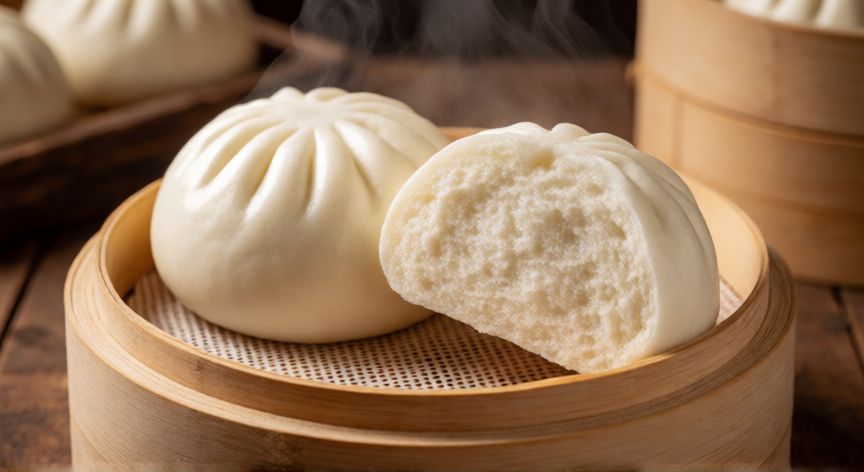 como hacer pan bao congelado, Pan bao suave y esponjoso en cestería de bambú con vapor saliendo