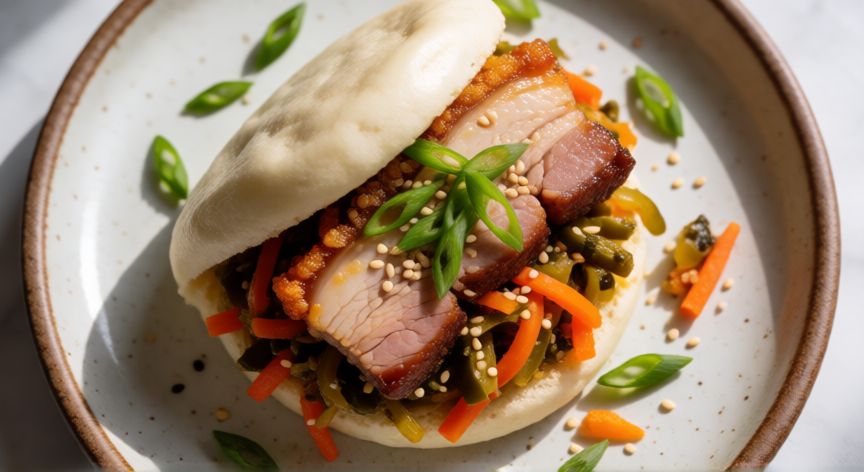 como hacer pan bao congelado, Pan bao relleno de panceta crujiente y vegetales encurtidos visto desde arriba