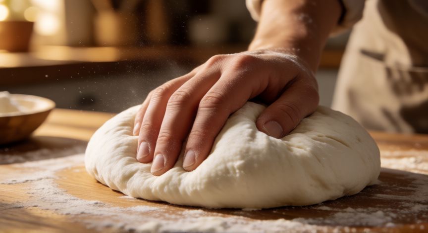 como hacer pan bao en microondas, Manos amasando masa suave para pan bao en una encimadera de madera