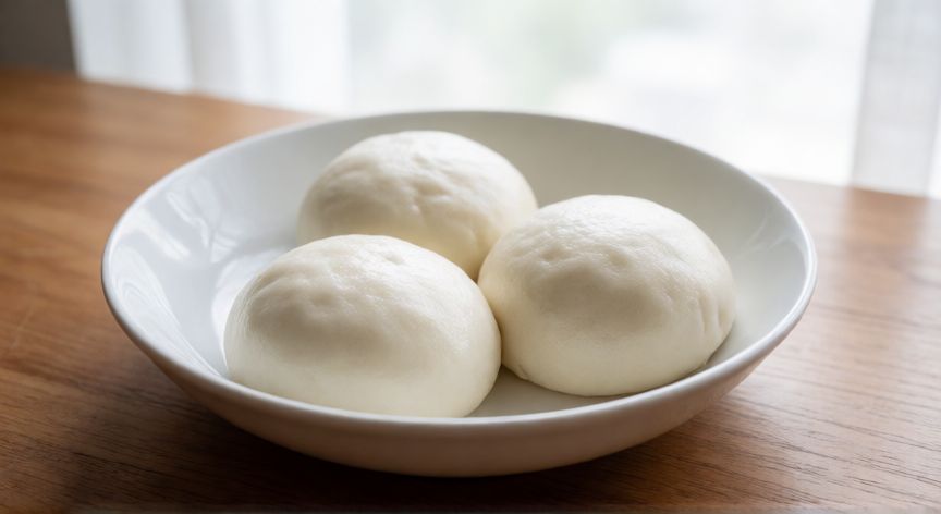 como hacer pan bao en microondas, Bowl de cerámica blanca con tres panes bao esponjosos recién hechos