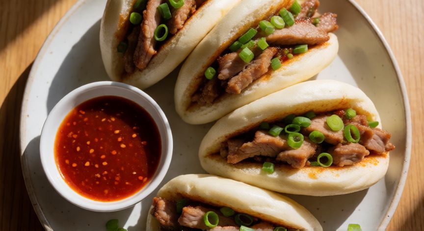 como hacer pan bao sin vaporera, Bao rellenos de cerdo y cebollino servidos en un plato con salsa
