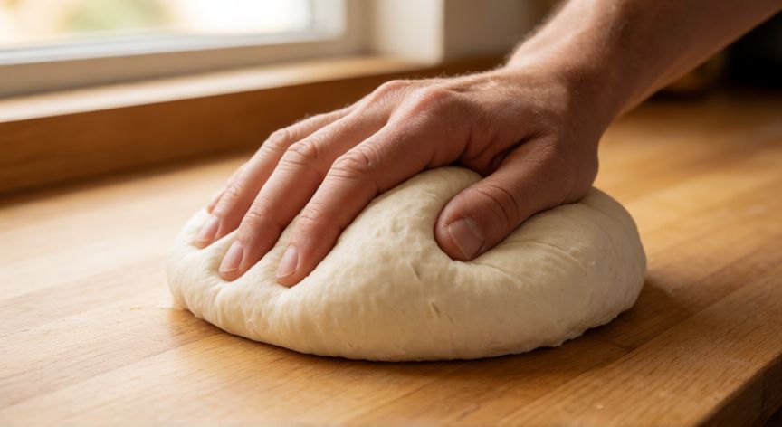 como hacer pan bimbo casero, Manos amasando masa de pan suave sobre superficie de madera