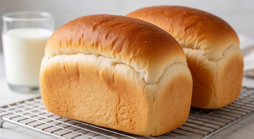 como hacer pan bimbo casero, Panes de estilo Bimbo recién horneados dorados sobre rejilla
