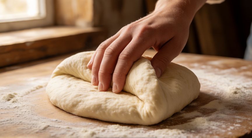 como hacer pan blandito y esponjoso, Manos amasando una masa de pan suave y elástica sobre madera