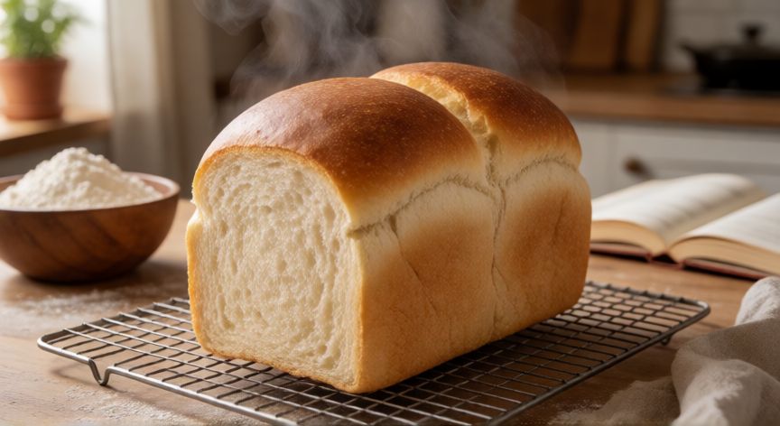 como hacer pan blandito y esponjoso, Hogaza de pan blanco esponjoso recién horneada enfriándose en rejilla