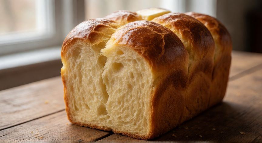 como hacer pan brioche, Pan brioche casero dorado con mantequilla fundida sobre superficie de madera