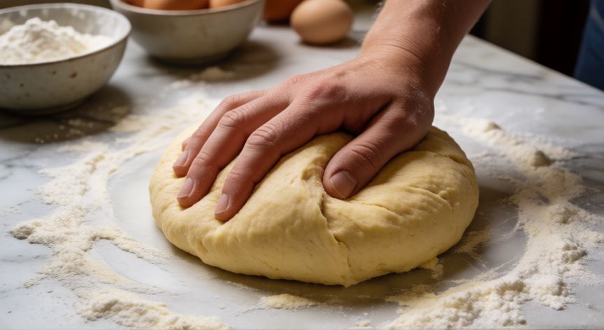 como hacer pan brioche, Manos amasando masa de brioche sobre encimera de mármol con harina