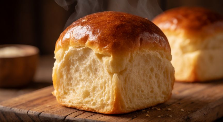 como hacer pan brioche para hamburguesa, Pan brioche casero dorado y brillante listo para hamburguesas sobre tabla de madera