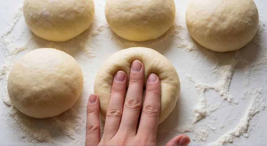 como hacer pan brioche para hamburguesa, Manos moldeando bolas de masa de brioche con harina en superficie de trabajo
