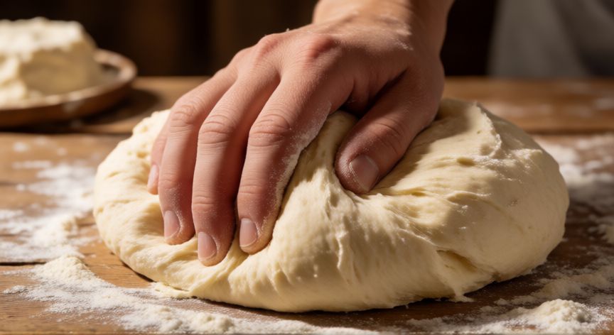 como hacer pan candeal en casa, Manos amasando masa de pan candeal sobre mesa de madera