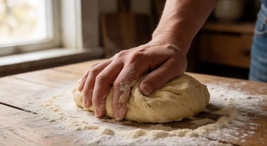 Manos amasando masa de pan sobre mesa de madera espolvoreada con harina