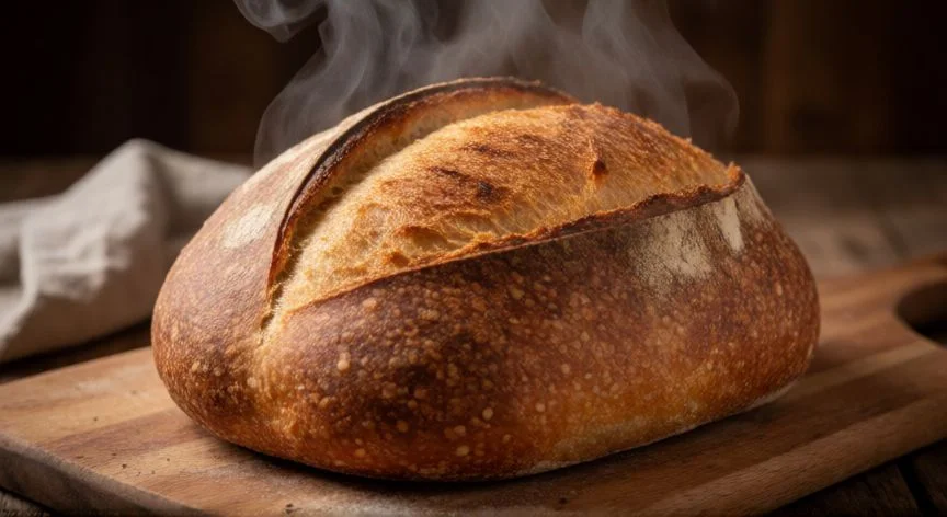como hacer pan casero, Hogaza de pan artesanal dorada y crujiente sobre tabla de madera humeante