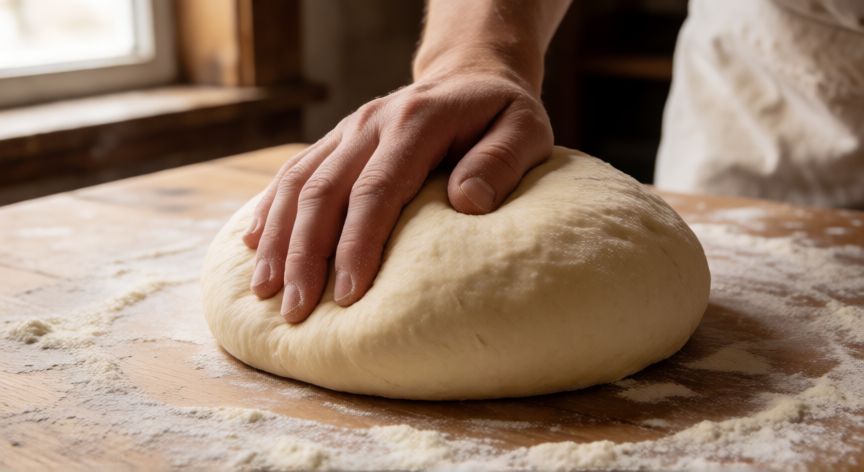 Manos amasando una gran bola de masa de pan sobre mesa de madera