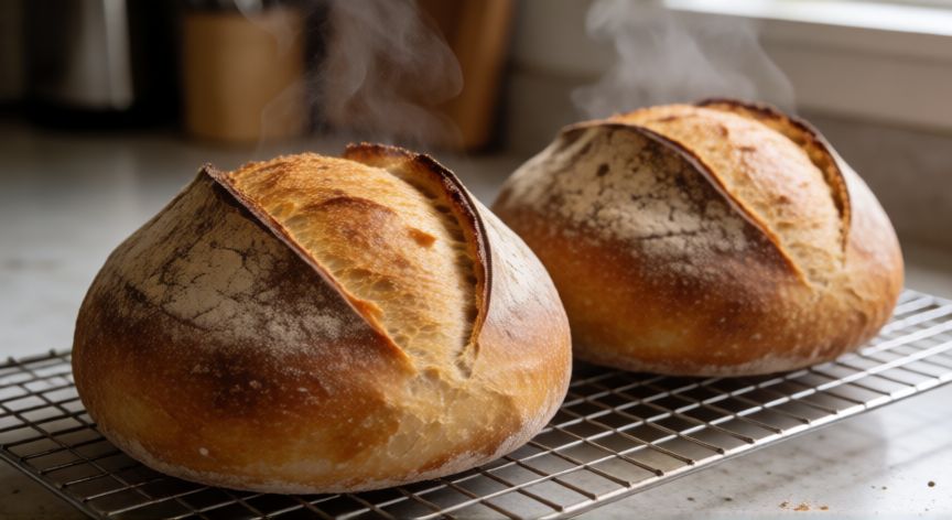 como hacer pan casero con 2 kilos de harina, Hogazas de pan artesanal doradas y crujientes enfriándose en una rejilla