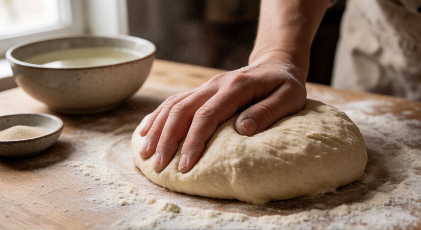 como hacer pan casero con 500gr de harina, Manos amasando masa de pan sobre mesa de madera con harina espolvoreada