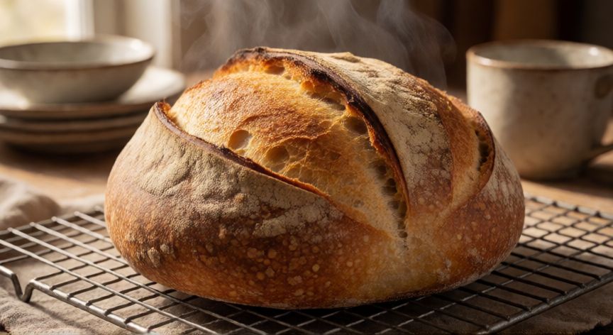 como hacer pan casero con 500gr de harina, Pan artesano recién horneado con corteza dorada sobre rejilla de enfriamiento