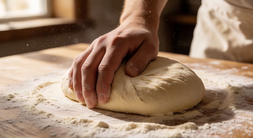 Manos amasando masa de pan con harina de fuerza sobre mesa de madera