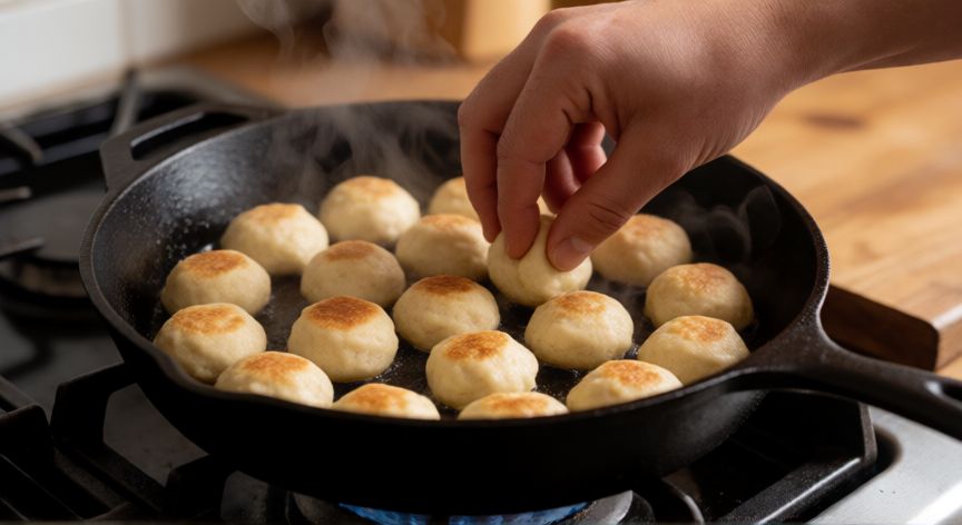 como hacer pan casero en 5 minutos, Cocinando piezas de pan rápido en sartén al fuego