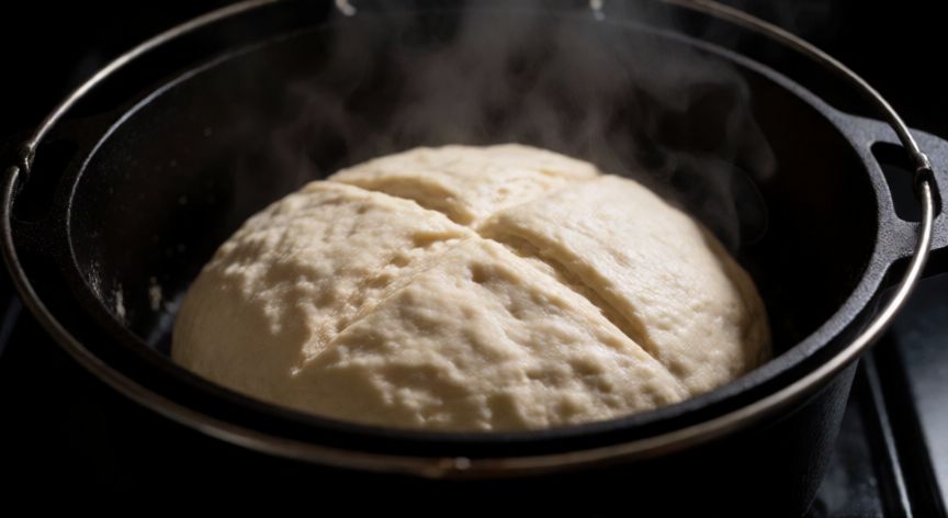 como hacer pan casero facil y rapido, Masa de pan redonda con corte en cruz dentro de una olla de hierro fundido lista para hornear