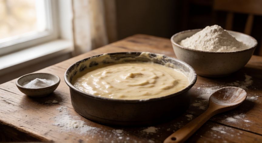 como hacer pan casero sin levadura, Masa cruda de pan sin levadura en molde con ingredientes de repostería