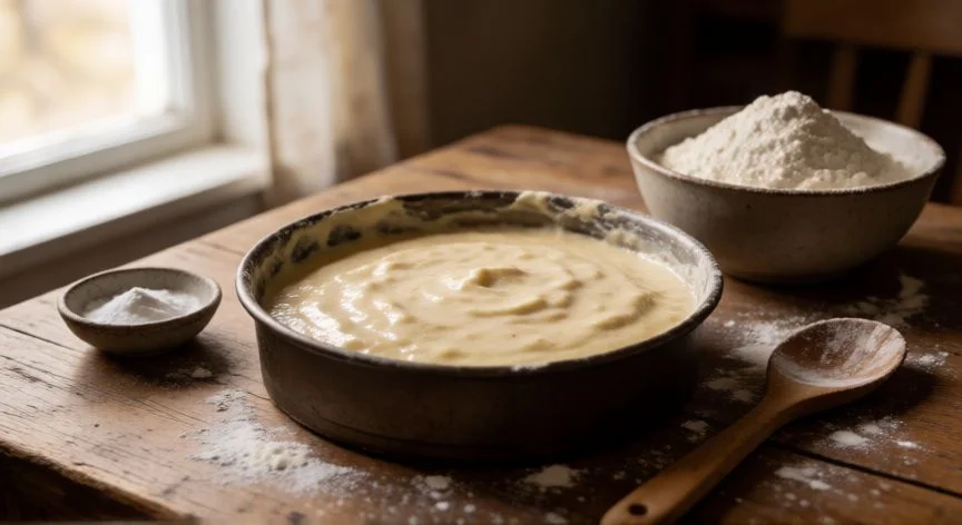 Masa cruda de pan sin levadura en molde con ingredientes de repostería
