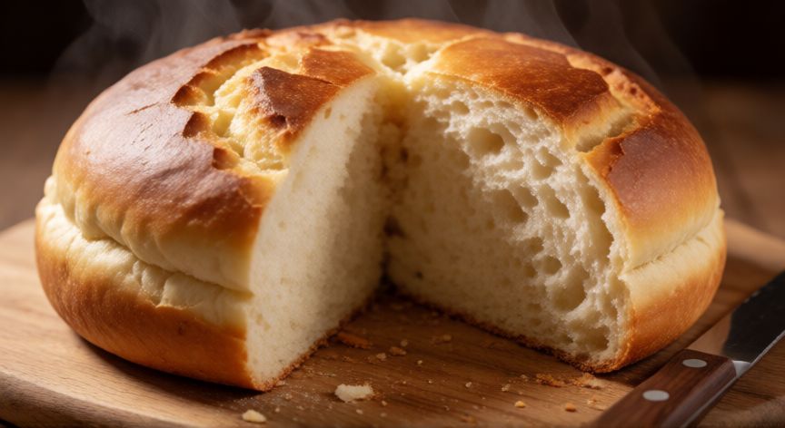 como hacer pan casero sin levadura, Pan casero sin levadura recién horneado y rebanado