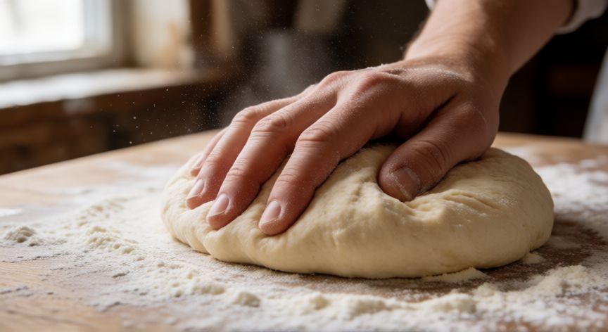 como hacer pan con 2 ingredientes, Manos amasando masa de pan con harina y agua sobre tabla de madera