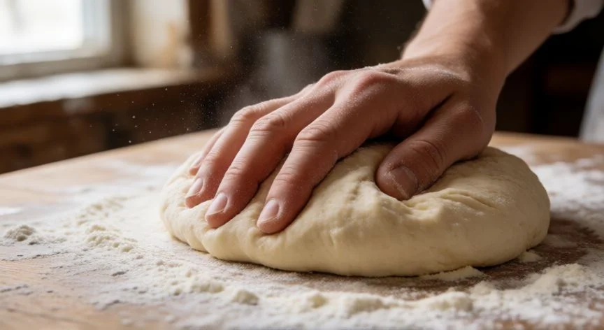 Manos amasando masa de pan con harina y agua sobre tabla de madera
