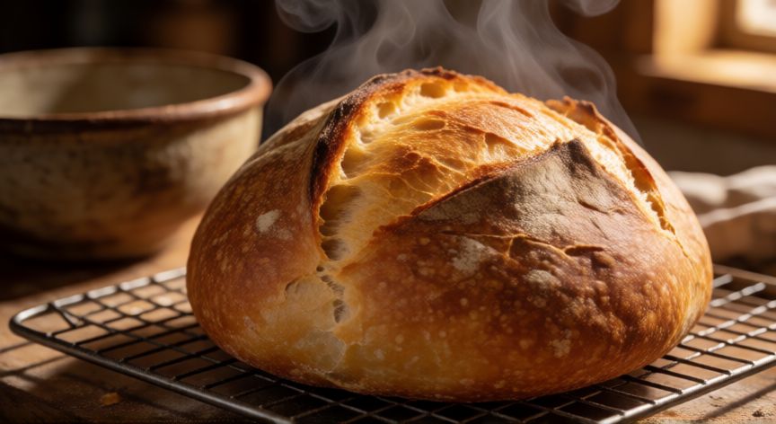 como hacer pan con 2 ingredientes, Pan artesanal recién horneado con corteza dorada sobre rejilla