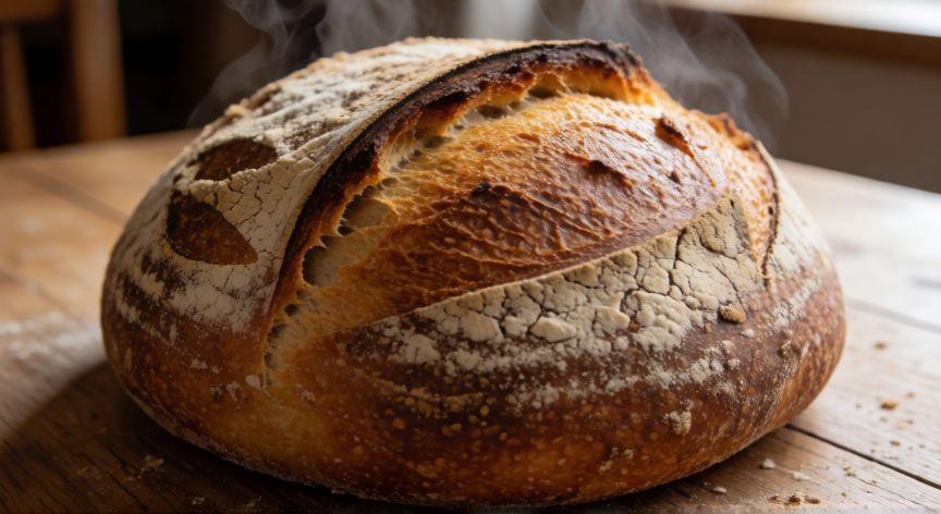 como hacer pan con 2 kilos de harina, Pan de masa madre casero recién horneado sobre mesa de madera con corteza dorada