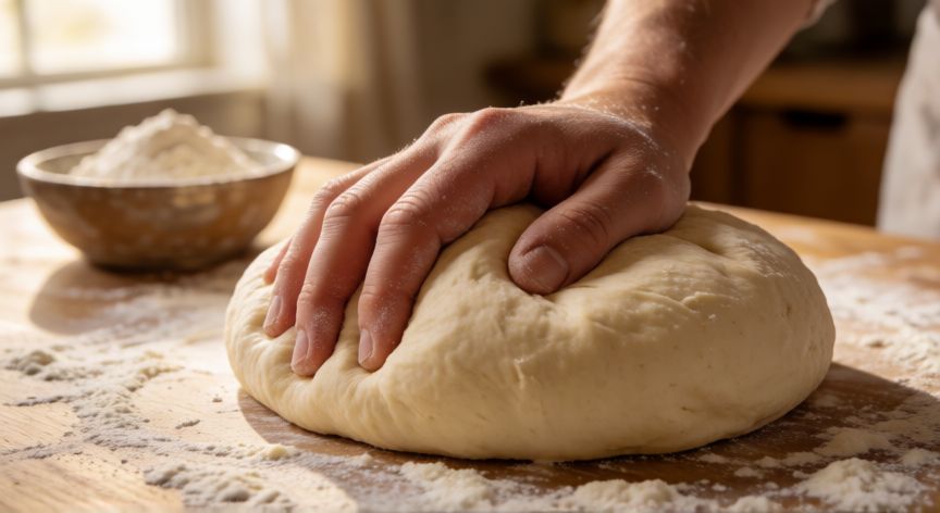 como hacer pan con 2 kilos de harina, Manos amasando masa de pan sobre encimera de madera con harina