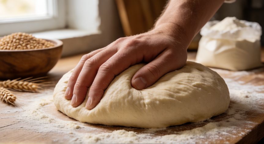 cómo hacer pan con 2 libras de harina, Manos amasando masa de pan con harina en superficie de madera