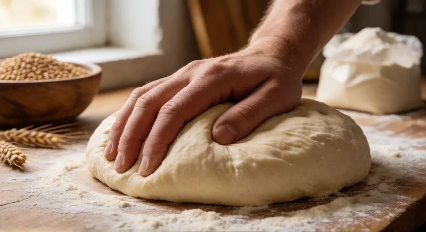 Manos amasando masa de pan con harina en superficie de madera