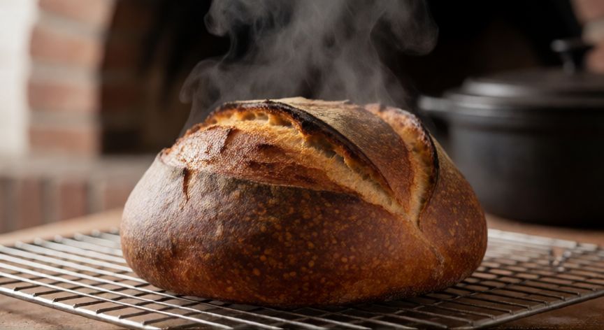cómo hacer pan con 2 libras de harina, Hogaza de pan artesanal dorada y crujiente sobre rejilla