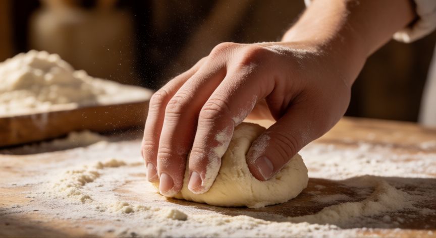 como hacer pan con 200 gramos de harina, Manos amasando una pequeña masa de pan sobre una tabla de madera con harina