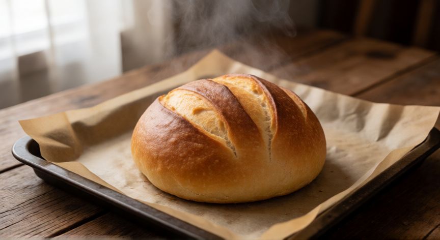 como hacer pan con 200 gramos de harina, Pan pequeño recién horneado con corteza dorada sobre una bandeja de horno