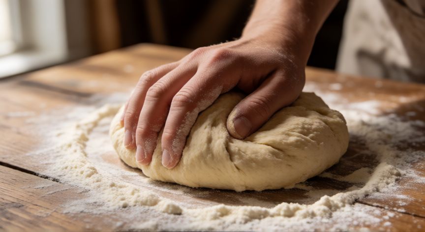como hacer pan con 250 gramos de harina, Manos amasando masa de pan sobre una mesa de madera con harina