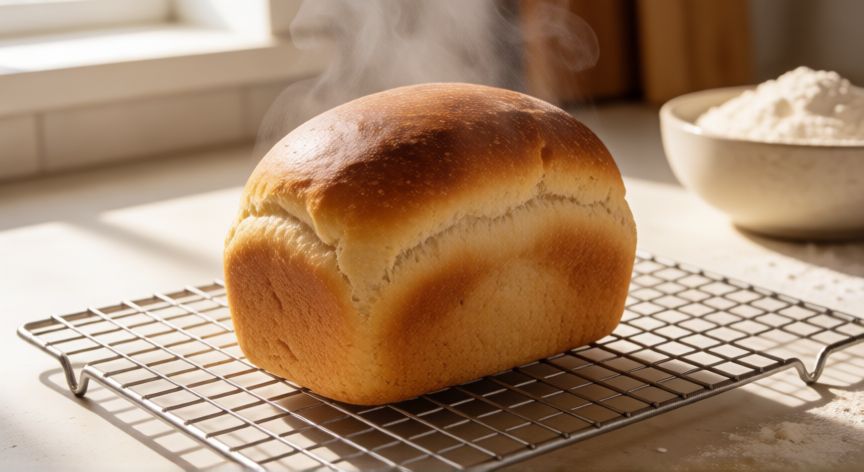 como hacer pan con 250 gramos de harina, Pan casero recién horneado dorado sobre una rejilla de enfriamiento