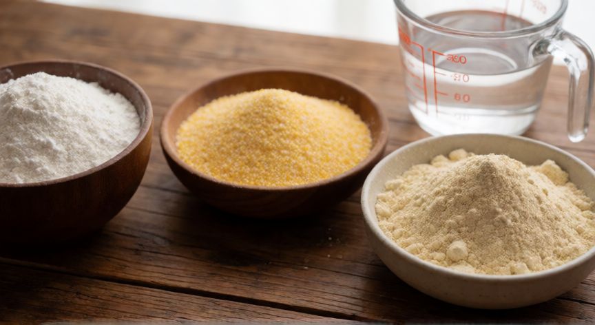 como hacer pan con 3 harinas sin gluten, Mezcla de harinas de arroz, maíz y garbanzo listas para preparar pan sin gluten