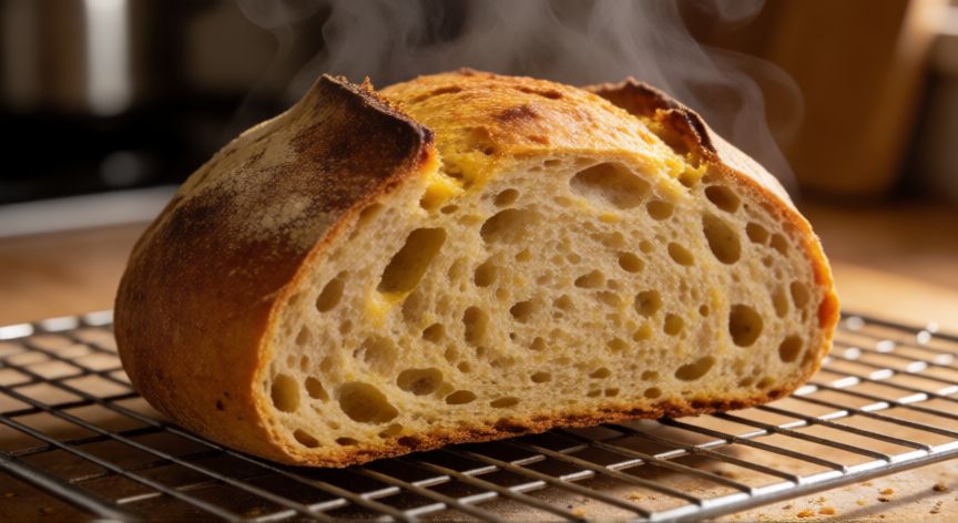 como hacer pan con 3 harinas sin gluten, Pan artesanal sin gluten recién horneado mostrando su interior esponjoso