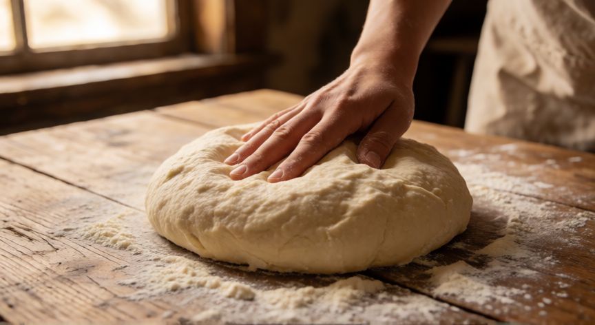 como hacer pan con 3 ingredientes, Manos amasando una masa de pan rústica sobre mesa de madera
