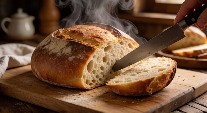como hacer pan con 3 ingredientes, Pan casero dorado recién horneado con vapor saliendo de la corteza