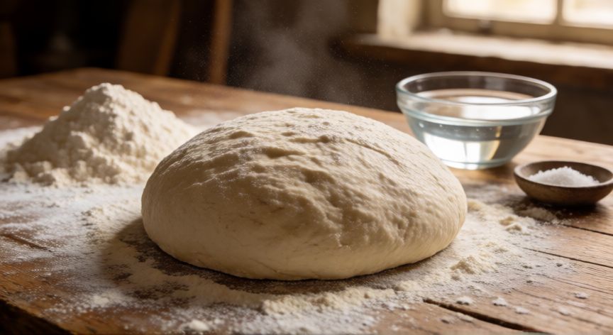 como hacer pan con 3 kilos de harina, Masa de pan casero en proceso sobre mesa de madera con harina