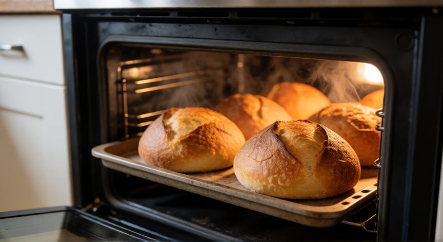 como hacer pan con 3 kilos de harina, Hogazas de pan dorándose en el horno con corteza crujiente