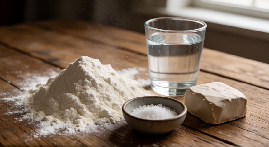 como hacer pan con 4 ingredientes, Harina, agua, sal y levadura dispuestos sobre una mesa de madera