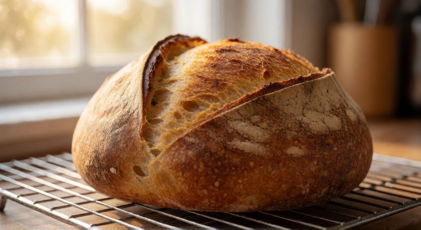 como hacer pan con 4 ingredientes, Pan artesanal recién horneado con corteza dorada en una rejilla de enfriamiento