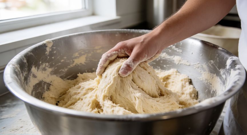 como hacer pan con 5 kilos de harina, Mezclando una gran cantidad de masa en un bol metálico grande